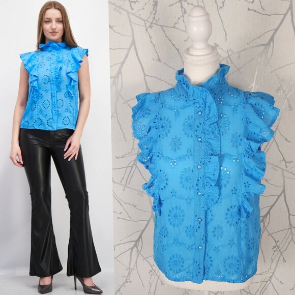 Deluc Tops - Deluc Turquoise Blue 100% Cotton Eyelet Ruffle High Neck Top